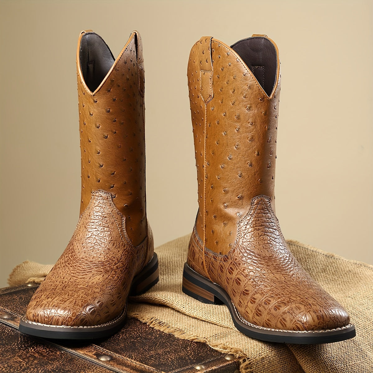 [All-Season Solid Color Cowboy Boots] Men's Casual Western Boots with Ostrich-Quill Print PU Upper, Fabric Lining, Rubber Sole, Slip-On Closure, Pointed Toe - All-Season Solid Color Daily Wear Cowboy Boots