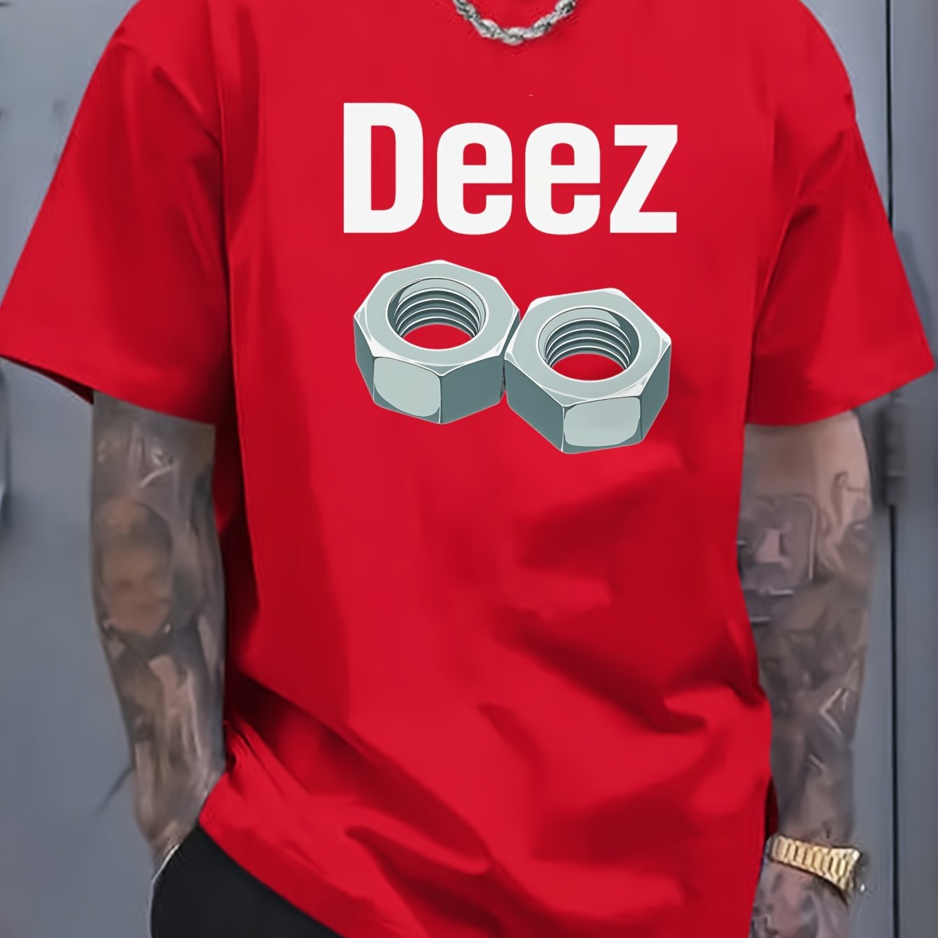 Men's Casual Loose Fit Round Neck T-Shirt - White Tee with Bold "Deez" Text & Nut Graphics, Machine Washable Streetwear Top for Everyday Comfort