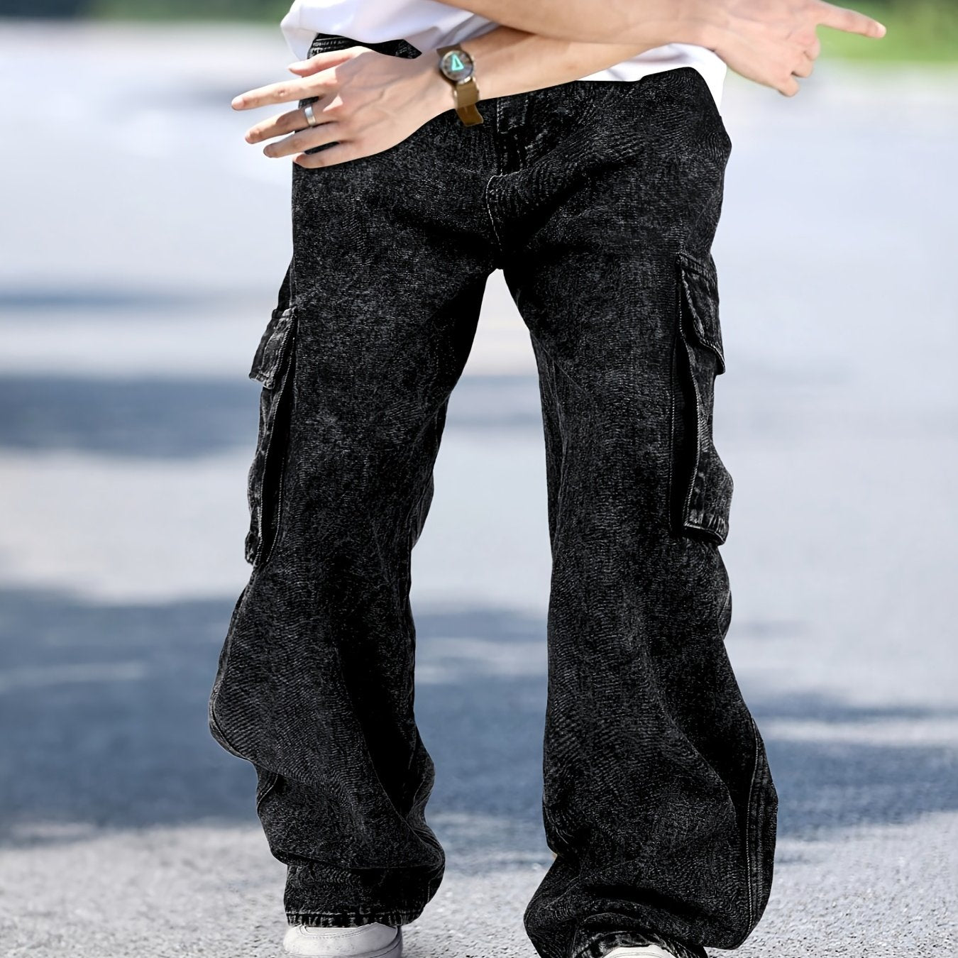 Men's Trendy Street Fashion Big Pocket Black Workwear Jeans
