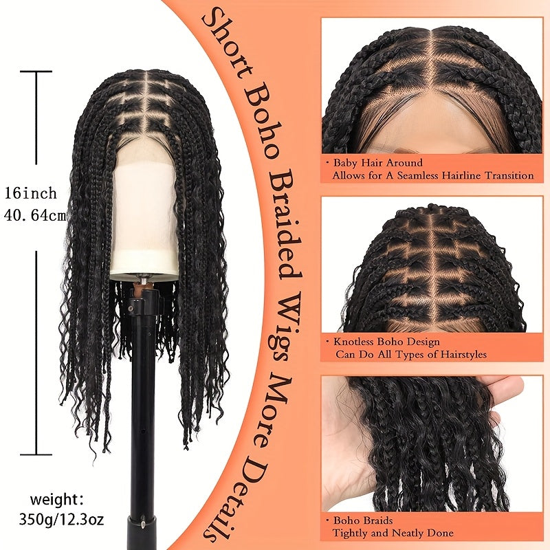 16 Inch 13x6'' HD Lace Short Braided Wigs for Women Bob Knotless Boho Braided Wigs Hair Premium Synthetic Braided Lace Front Wig, Lace Front Wig Synthetic, Pre Plucked Lace Front Wig, Wig Braids, Wig, Lace Front Wig, Protecti
