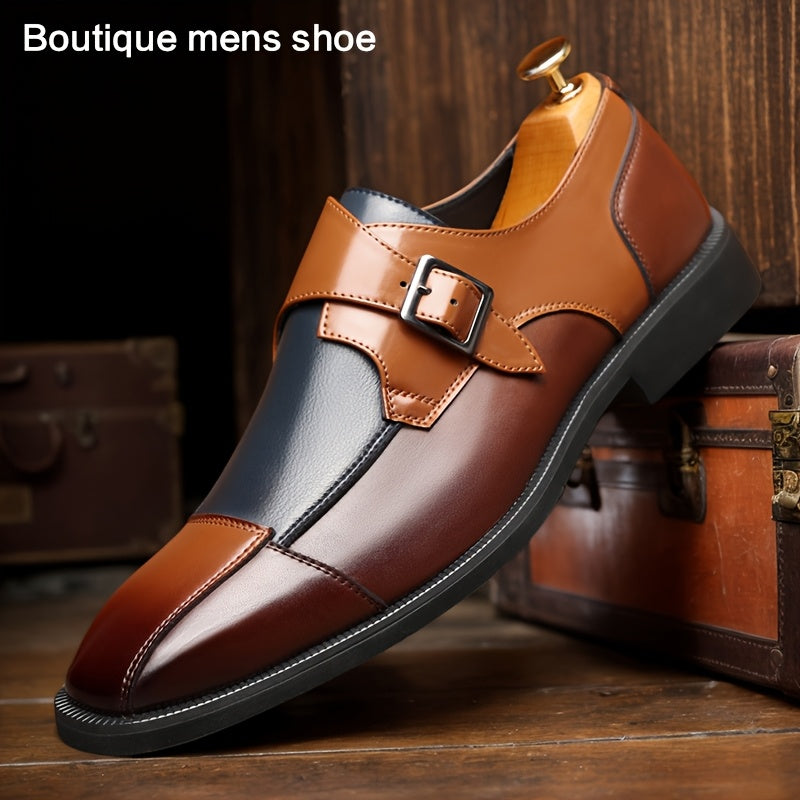 Men's Fashionable Color Block Dress Shoes - Stylish Business Casual Oxfords with Square Toe, Double Monk Straps & Heel Buckle, Versatile for Casual Attire
