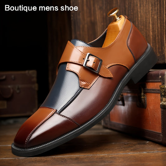 Men's Fashionable Color Block Dress Shoes - Stylish Business Casual Oxfords with Square Toe, Double Monk Straps & Heel Buckle, Versatile for Casual Attire