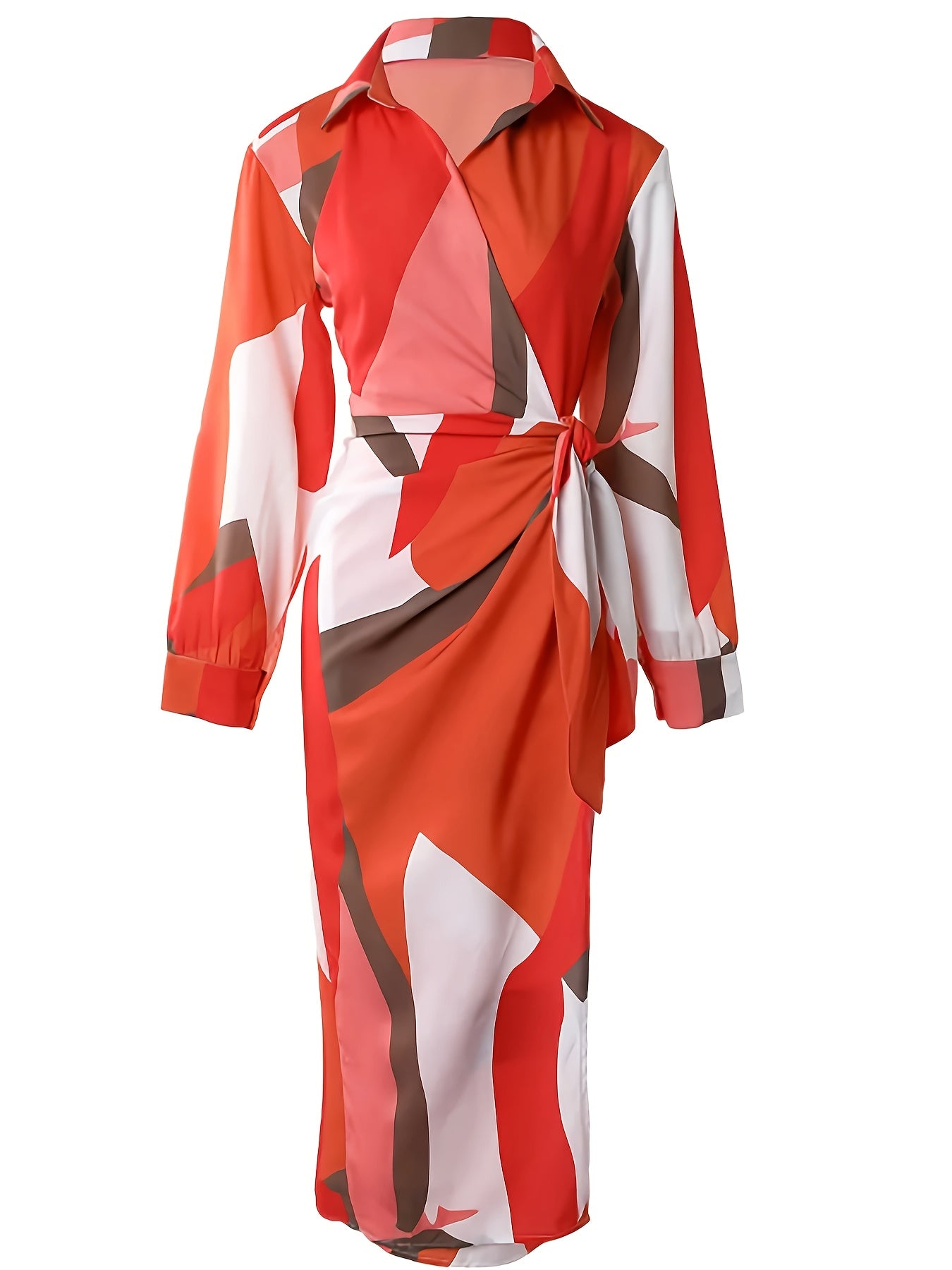 Loop Women's Elegant Tie-Front Cross Front Bodycon Dress - Geometric Print in Orange/White/Brown/Pink/Beige, Machine Washable, All-Season Versatile for Dates, Office & Casual Outings, Date Night Attire, Medium Elasticity Fabr