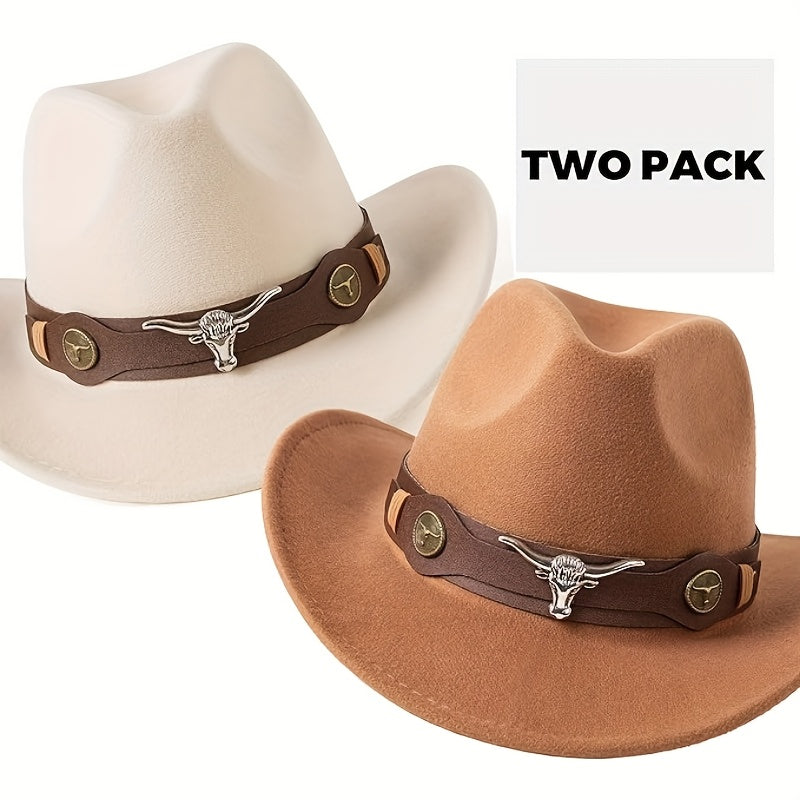 [2-Pack Western Cowboy Hats] 2-Pack Stylish Western Cowboy Hats, Beige & Brown, Unisex Polyester Felt Hats | Wide Brim Hat, Faux Leather & Bull Head Belt, Perfect for Western Themed Events, Costume Parties, and Outdoor Advent