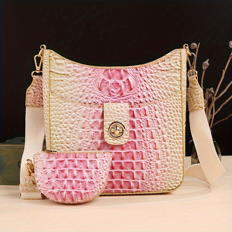Elegant women's cross-body bag, fashionable color crocodile pattern cross-body bag, wide shoulder strap removable two-piece women's bag, safety zipper bag with coin purse