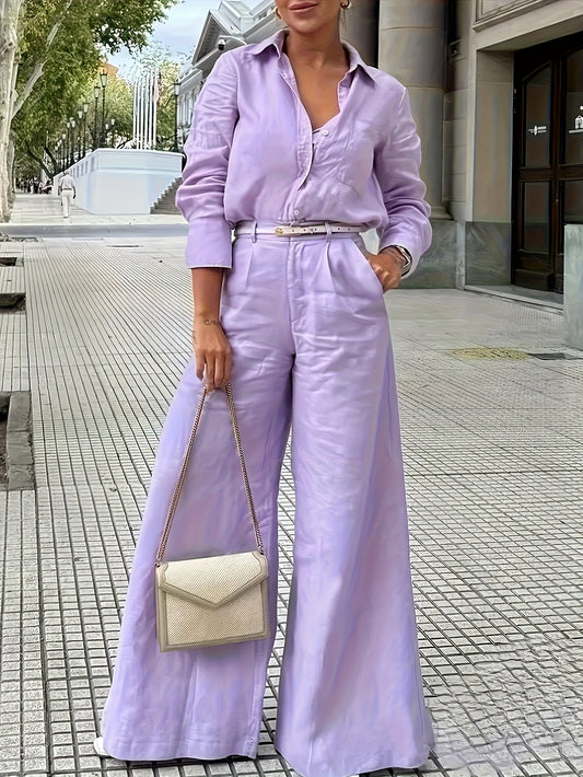 2025 Elegant Style New Arrival: Solid Color Long-Sleeve Shirt + High-Waisted Wide-Leg Pants Set, Suitable for Both Office And Vacation (Belt Not Included)