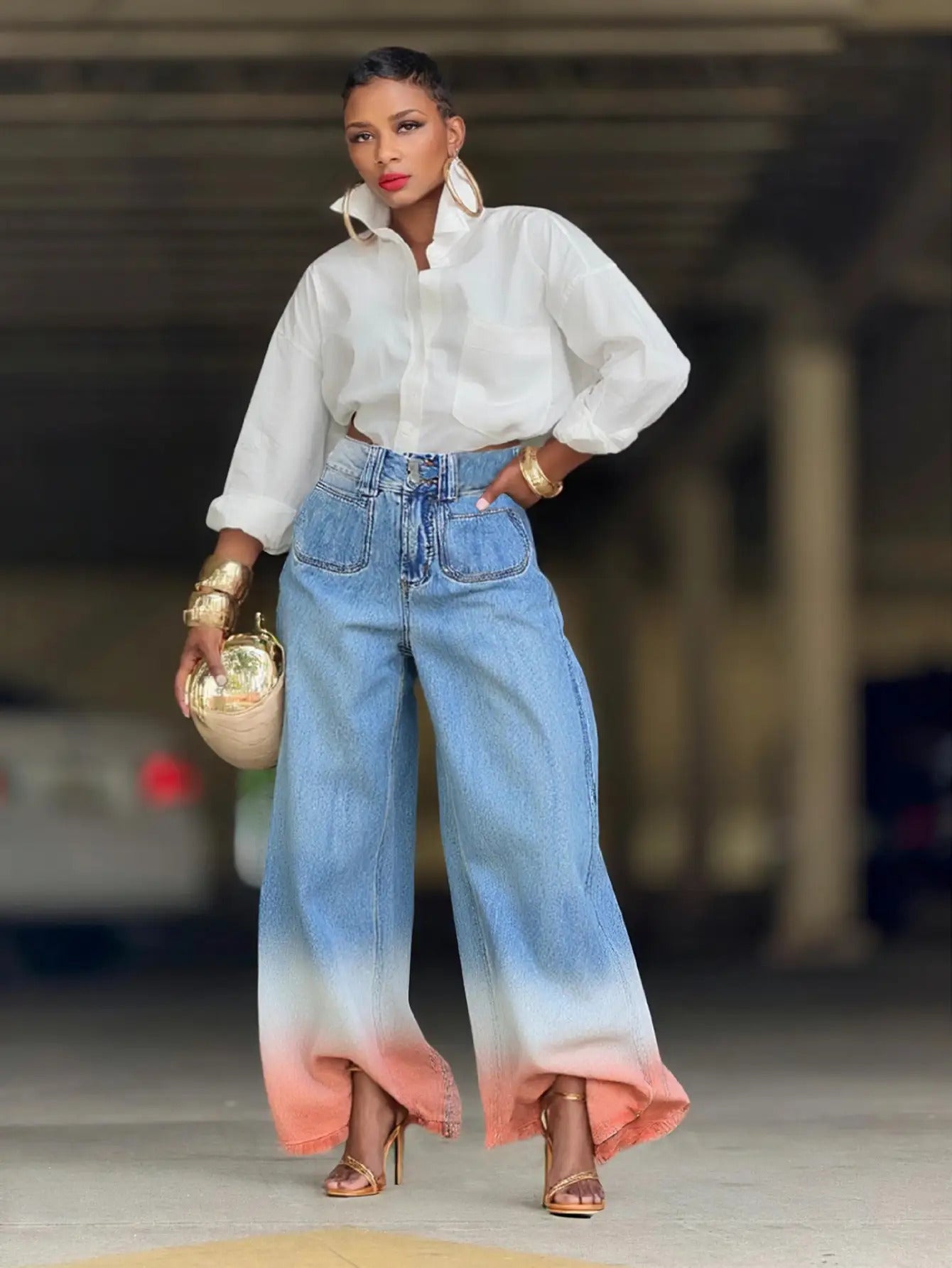 Daily Women's Casual Fashion High Waist Pattern Pocket Wide Leg Pants Ruffle Hem Flared Trousers Illustrated Printed Imitation Jeans