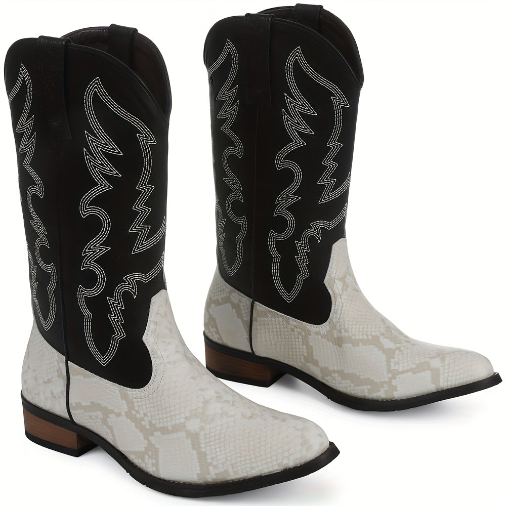 [MIKARKA Western Cowboy Boots] MIKARKA Men's Western Cowboy Boots - Pointed Toe, PU Upper & Inner, Rubber Sole, Slip-On, Short Boots with Striped Pattern