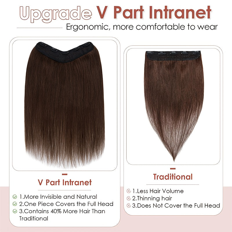 16-Inch Long Human Hair Clip In Extensions - Full Head V-Shaped Weft with 5 Clips, Natural Brown/Black/Blonde/Dark Brown/ Brown/Dirty Blonde/Chestnut Brown/Red Brown/White/Gray/ Auburn - Straight Hair Extension for Women, Bal