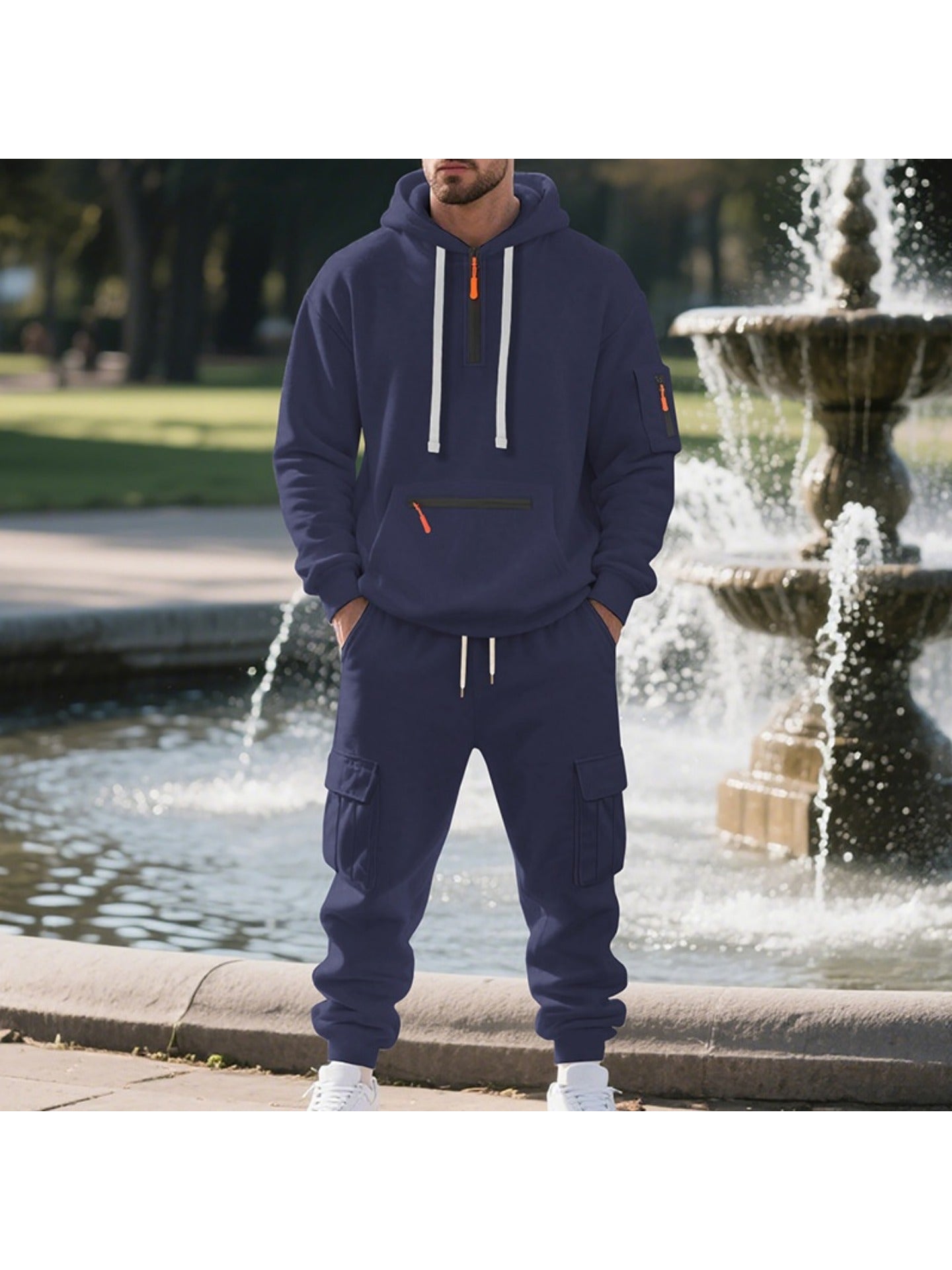1 Set 2pcs Men's Athletic Casual Tracksuit - Fleece Lined Hooded Long Sleeve Pullover Sweatshirt & Pocketed Sports Pants, Warm Fleece Lining with Breathable Fabric, Perfect for Daily Wear, Outdoor Activities, Home Leisure - M