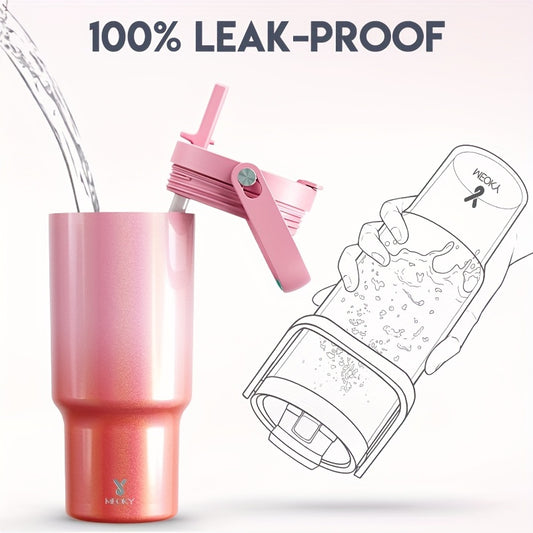 1pc Meoky 32OZ Stainless Steel Insulated Mug With Lid And Straw, Keeps Cold For 24 Hours Or Hot For 8 Hours, Portable Handle, Suitable For Outdoor Sports, Fitness, Hiking, Driving And Car Travel, Gift Drinking Mug, Christmas