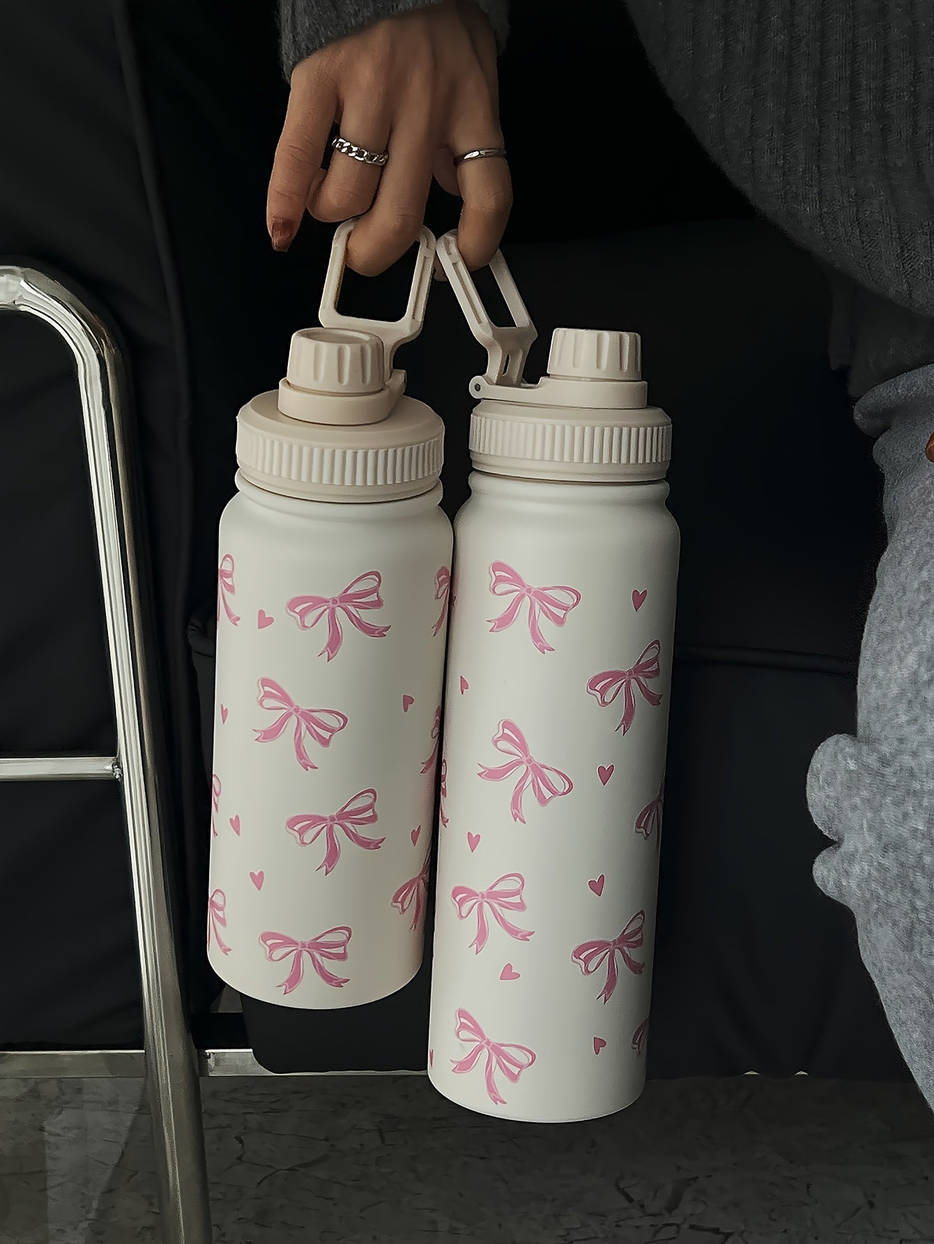 1pc 600ml/800ml/1000ml Pink ins style large bow double-layer stainless steel thermal cup, straight drinking mouth large capacity water bottle, outdoor sports kettle, flat bottom cup, water cup, teapot, tea cup, fitness exerci