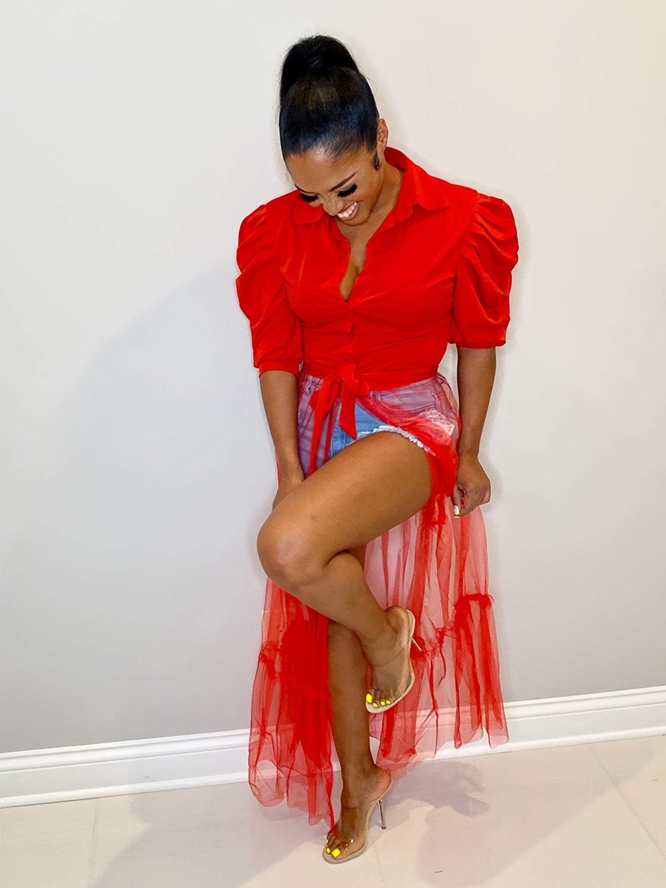 [Sexy Mesh Dress] Sexy Short Sleeve Mesh Dress, Women's Shirt Top Stitching Turn Down Collar Tie Waist Dress