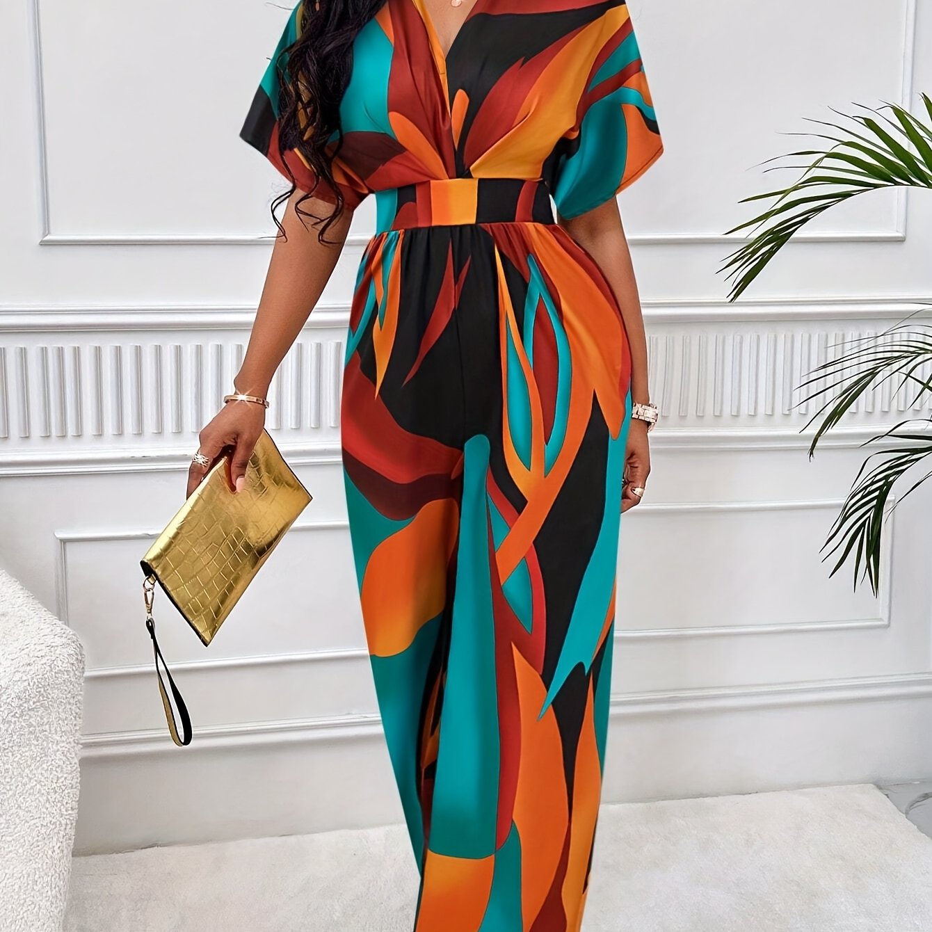 [Vibrant Jumpsuit] Vibrant Geometric Women's Jumpsuit - V-Neck, Polyester, Batwing Sleeves, Tie Waist, Machine Washable, Perfect for All Seasons