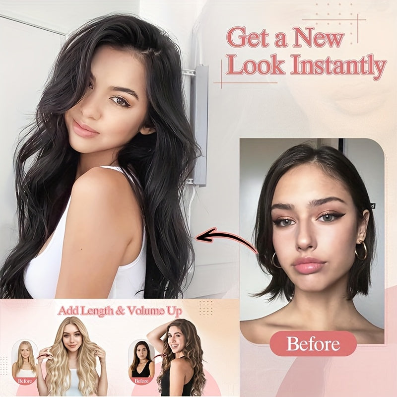 16-Inch Long Human Hair Clip In Extensions - Full Head V-Shaped Weft with 5 Clips, Natural Brown/Black/Blonde/Dark Brown/ Brown/Dirty Blonde/Chestnut Brown/Red Brown/White/Gray/ Auburn - Straight Hair Extension for Women, Bal