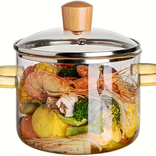 [Heat Resistant Glass Cooker] 54oz Borosilicate Glass Cooker with Yellow Handle | Heat Resistant Transparent Soup Congee Pot, Suitable for Stoves and Ovens, Perfect for Families and Restaurants, Easy Clean Odorless Kitchen Es