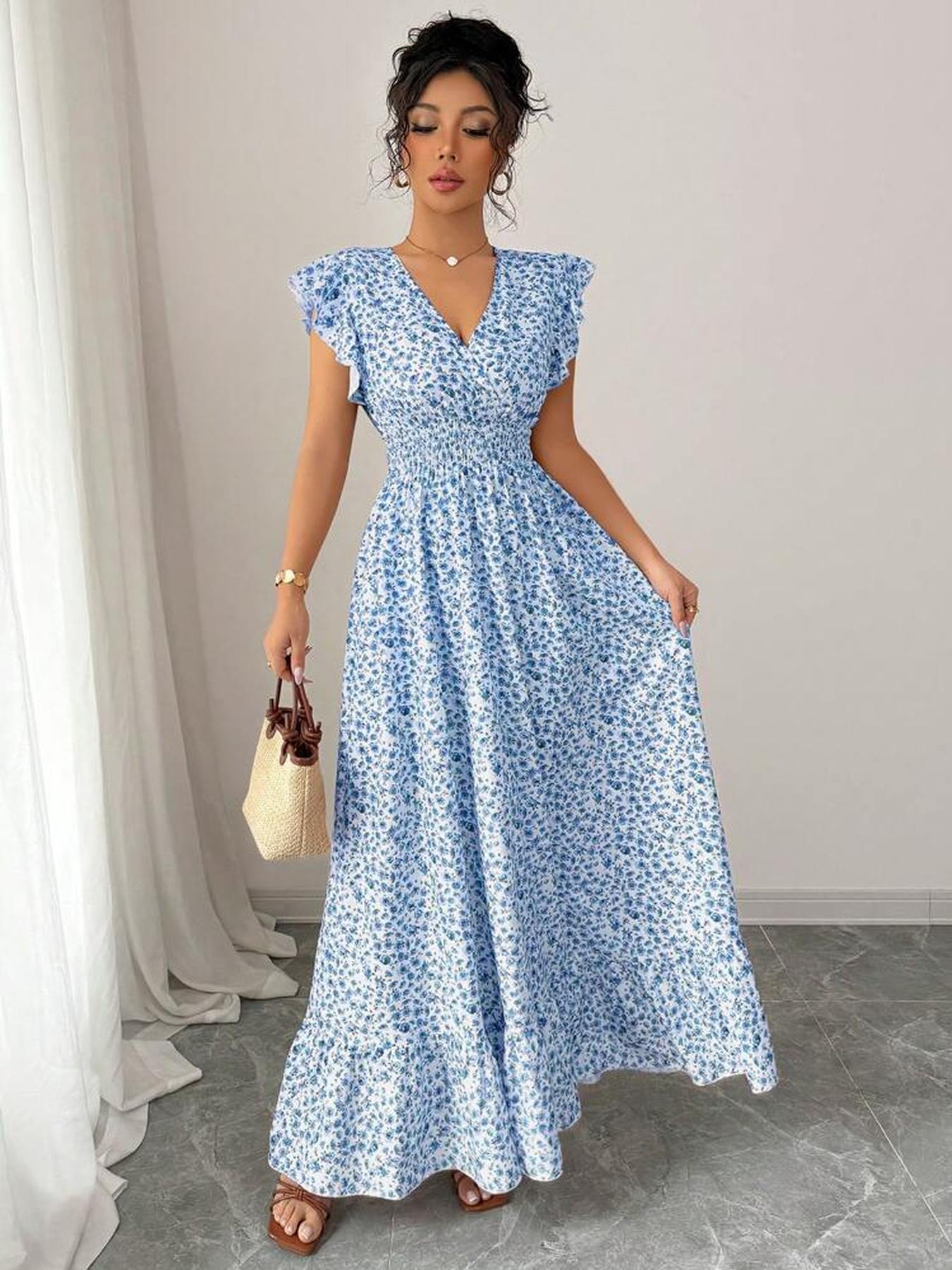 [Elegant Floral Dress] Elegant Floral Print V-Neck Dress with Ruffle Sleeves | Long Sleeveless A-Line Dress for Women - Blue, Perfect for Spring/Summer/Fall, Casual to Formal Wear