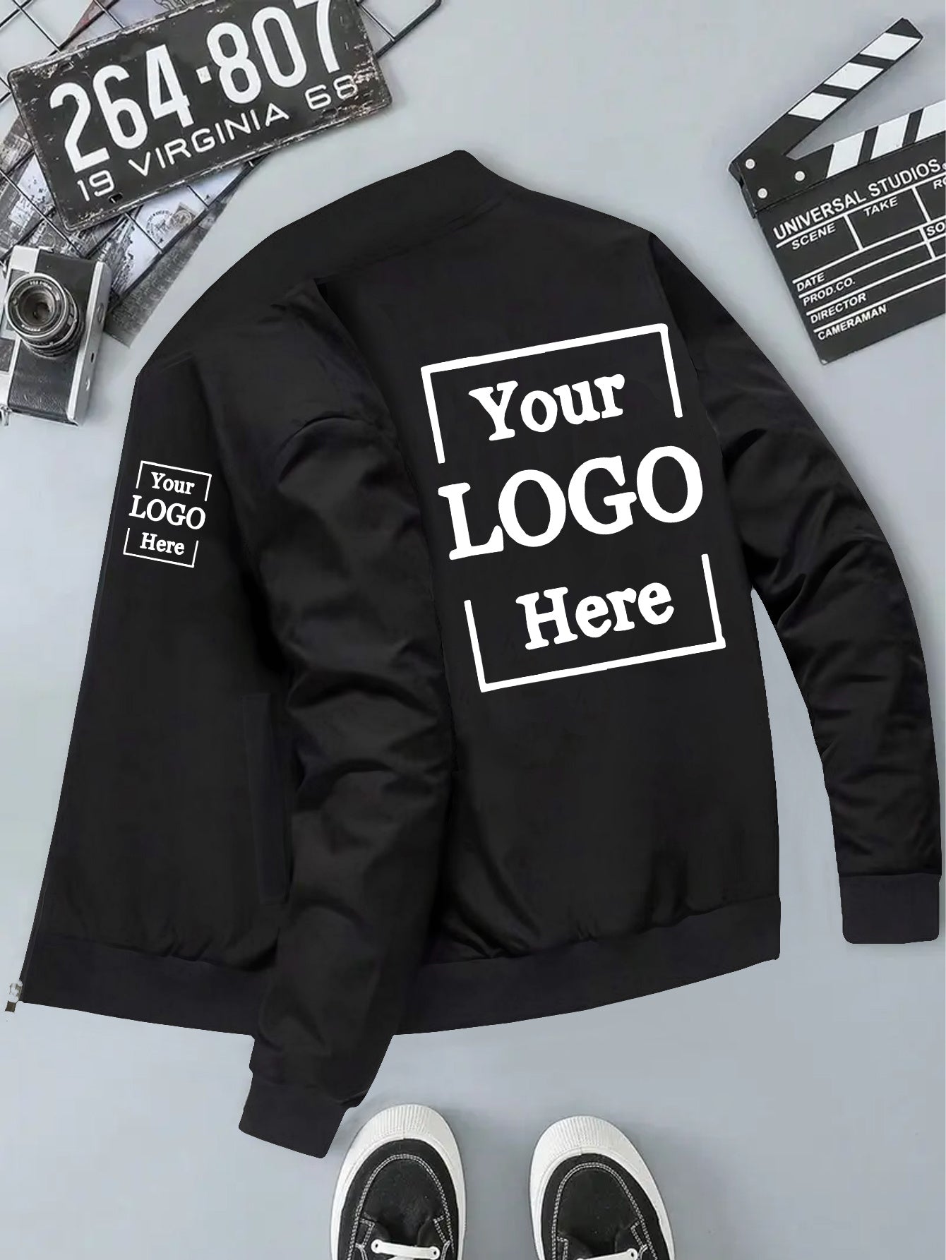 Men's Customizable Zip-Up Pilot Jacket - Personalized Logo/Text, Black with White Print, Knit Polyester Coat, Baseball Collar & Side Pockets - Winter Streetwear for Formal/Casual Events - Branding Jacket, Casual Outerwear, St
