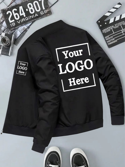 Men's Customizable Zip-Up Pilot Jacket - Personalized Logo/Text, Black with White Print, Knit Polyester Coat, Baseball Collar & Side Pockets - Winter Streetwear for Formal/Casual Events - Branding Jacket, Casual Outerwear, St