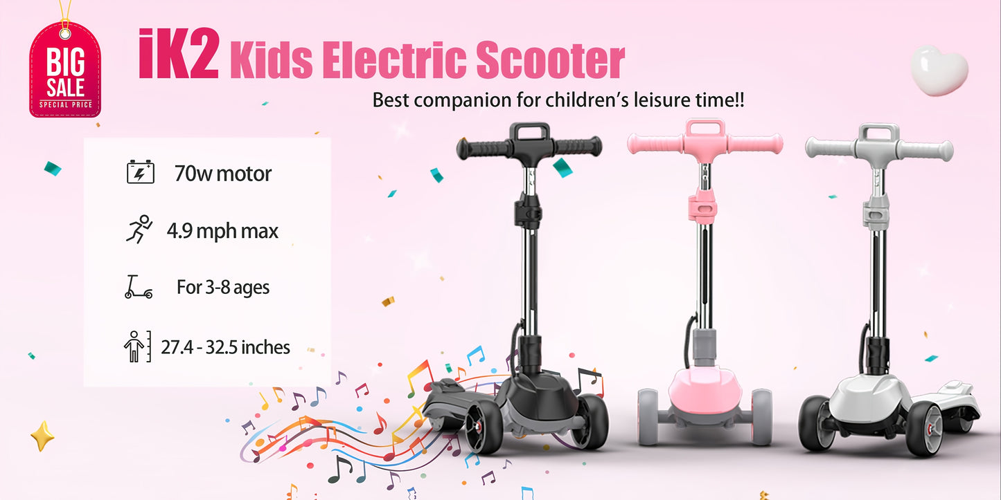 Best Seller- IK2 Electric Scooter for Youngsters 3-8, 70W Folding & 8KM/H Top E-Scooter, 30-60 Mins Ride Time, Colorful Glowing Wheels, Adjustable Height, 2025 New EScooter Gifts for Boys Girls