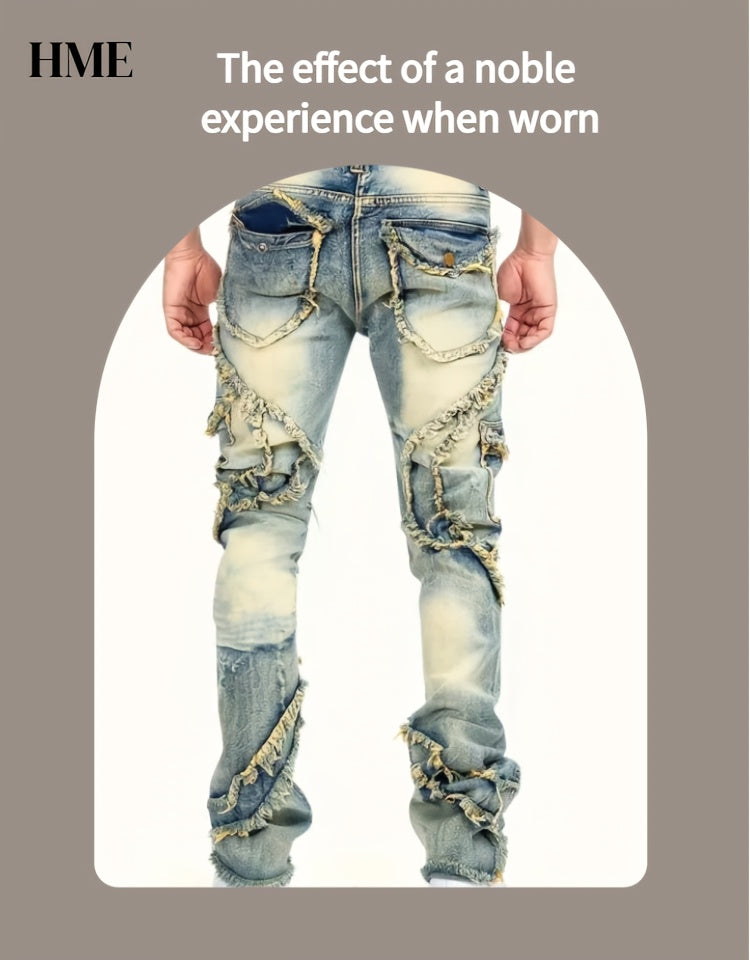 HME Men's Skinny Jeans - Heavy Washed Vintage Streetwear Pants with Patchwork Stitching, Stretch Denim (Cotton-Based), Mid-Rise Fit, All-Season Urban Fashion Jeans for Men, Casual Streetwear, Versatile Bottoms, Retro Style, D