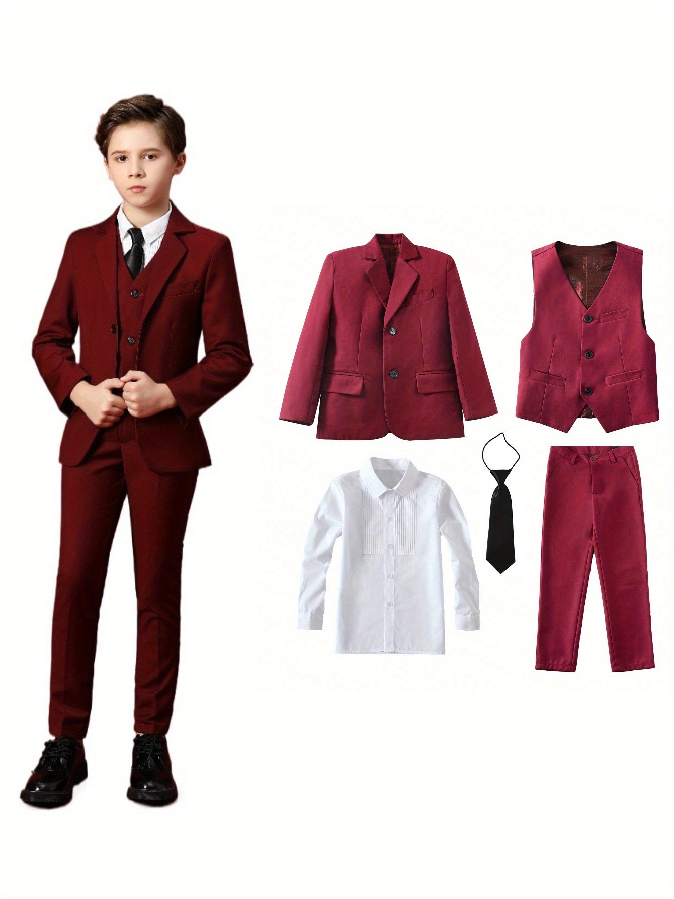 Back to School Season Boy's Formal Suit Set Slim Fit Blazer & Shirt & Pants & Vest & Tie 5pcs Set for Wedding Ring Bearer Birthday Party Speech Prom Dress Youngsters Tuexdo Outfits Black Wine Red Dark Gray, Ring Bearer Attire