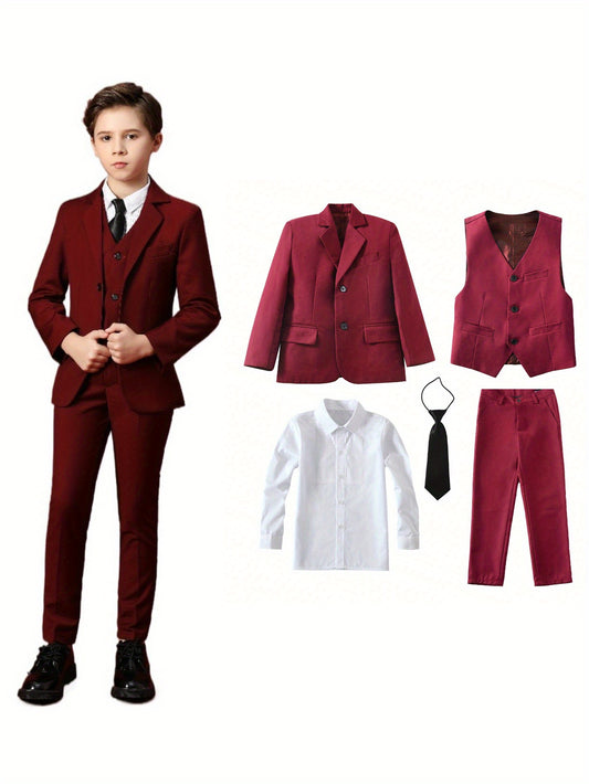 Back to School Season Boy's Formal Suit Set Slim Fit Blazer & Shirt & Pants & Vest & Tie 5pcs Set for Wedding Ring Bearer Birthday Party Speech Prom Dress Youngsters Tuexdo Outfits Black Wine Red Dark Gray, Ring Bearer Attire