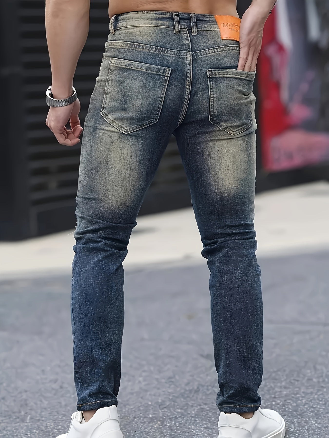 Men's Jeans, Stretch Denim Feet, Ripped, Craftsmanship, Slim, Dark Blue, Worn Men's Pants, Suitable for All Seasons
