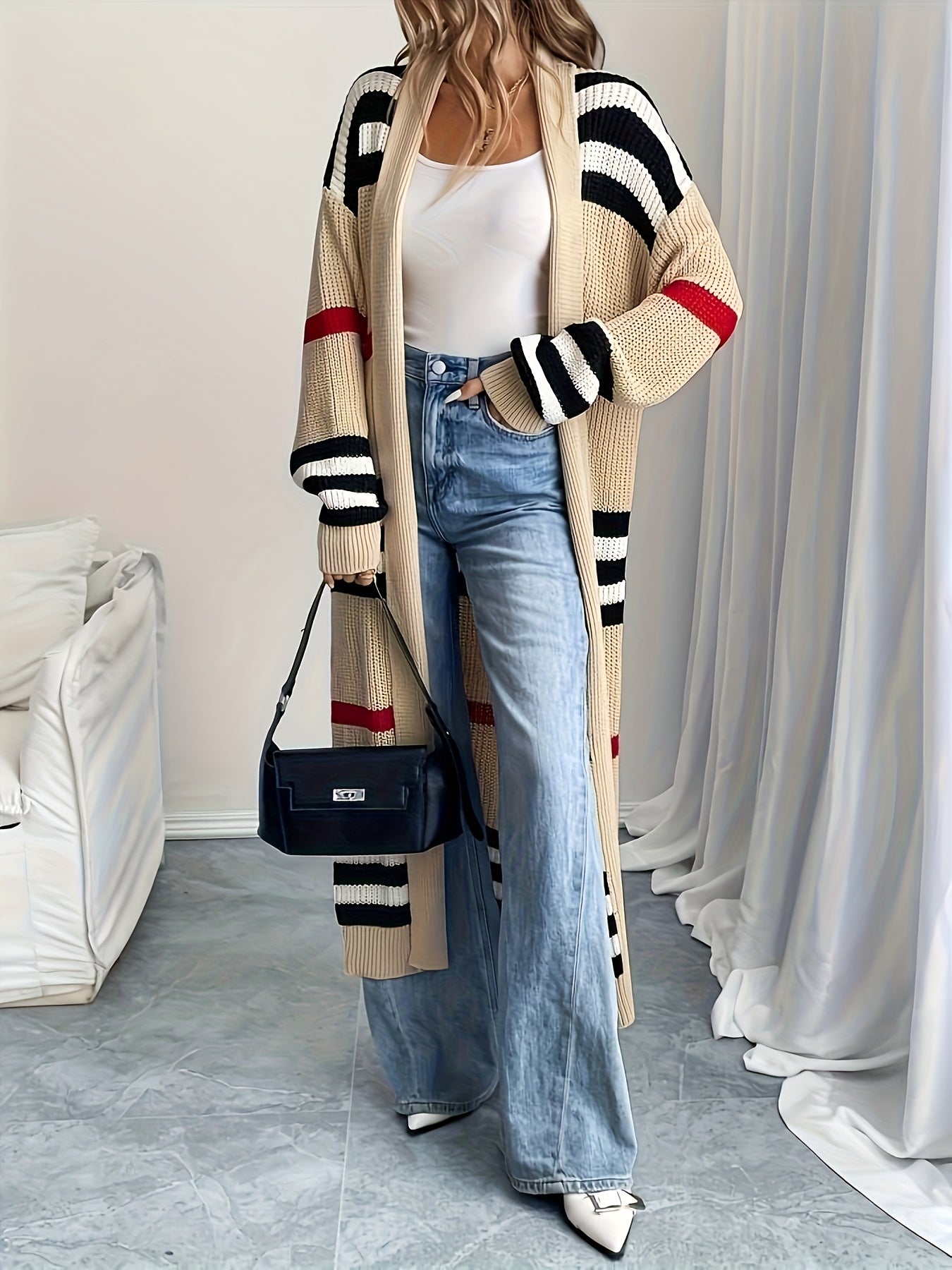 European and American Long Striped Sweater Loose Color-Block Versatile Cardigan Coat