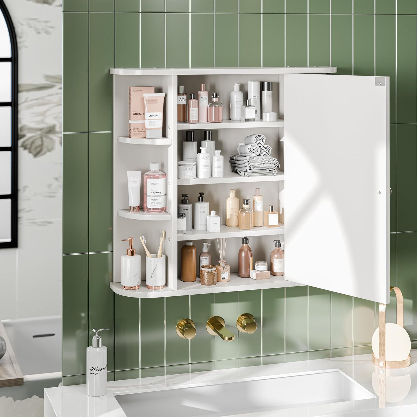 Modern Wall-Mounted Bathroom Medicine Cabinet with Mirror - 6 Open Shelves, Durable Non-Wood Moisture-Resistant Design, Space-Saving White Storage Organizer for Bathroom Essentials, Toiletry Organization, Contemporary Style,