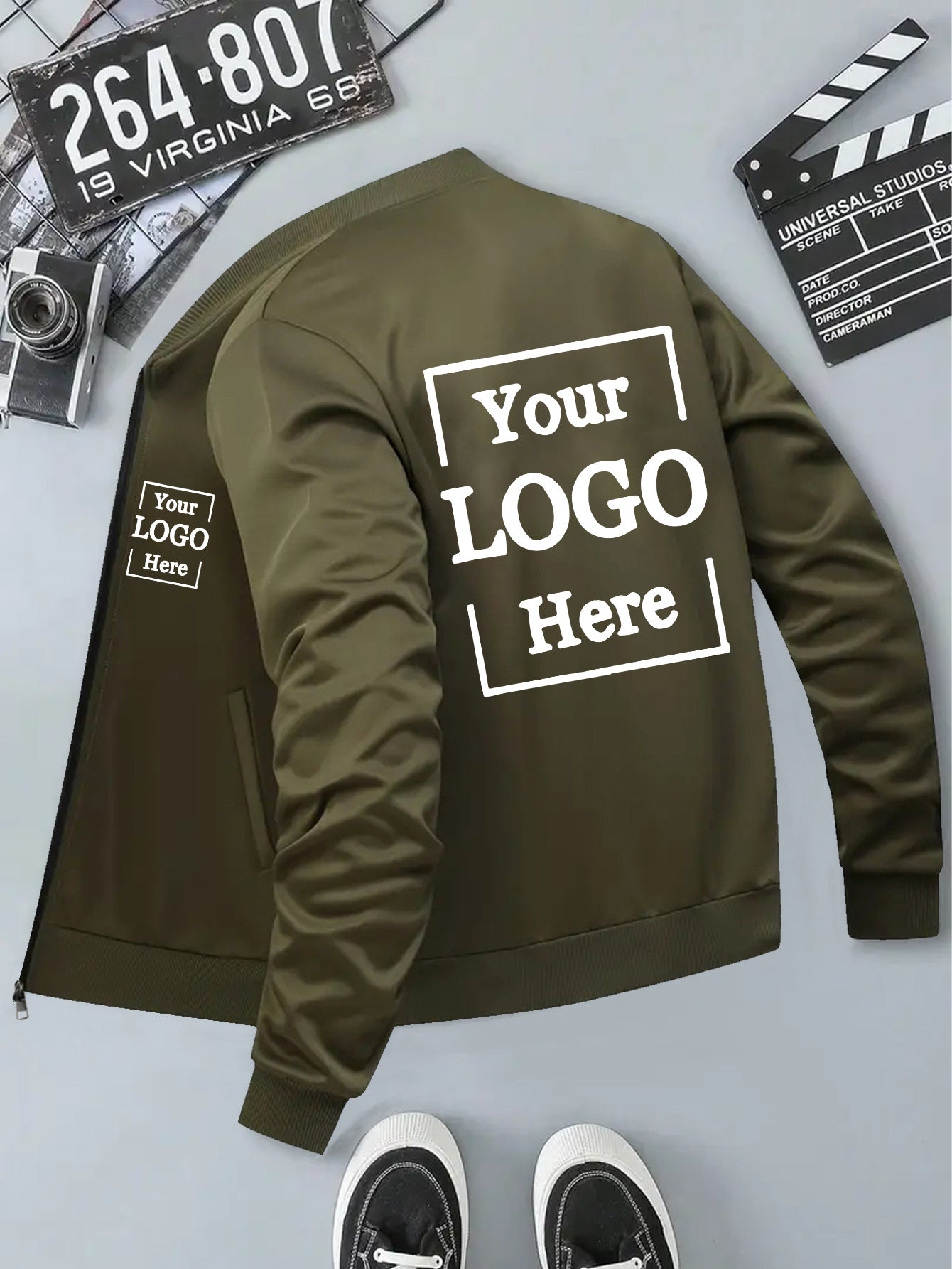 Men's Customizable Zip-Up Pilot Jacket - Personalized Logo/Text, Black with White Print, Knit Polyester Coat, Baseball Collar & Side Pockets - Winter Streetwear for Formal/Casual Events - Branding Jacket, Casual Outerwear, St