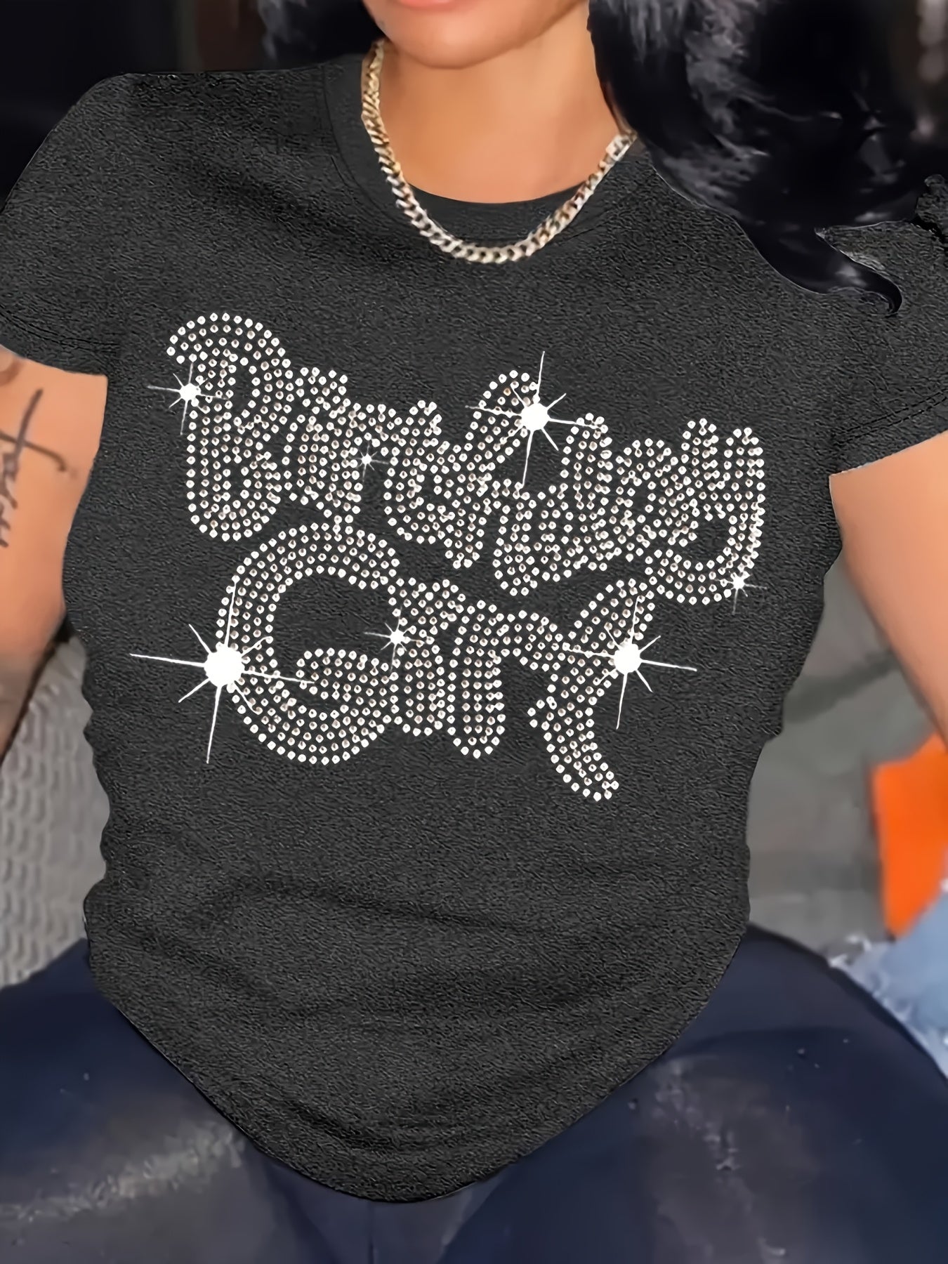 Celebratory Shine] Women's Sparkling Rhinestone "Birthday Girl" Graphic T-Shirt - Soft Polyester Knit, Crew Neck, Short Sleeve, Glittery Letter Print, All-Season Casual Wear, Festive Attire | Casual Crew Neck | Comfortable Fi