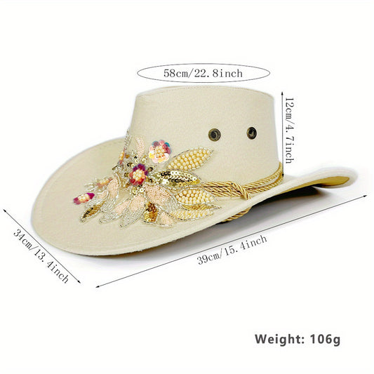 Women Wide Brim Suede Hat Fashion Floral Embroidery Cowgirl Hat Felt Jazz Cap