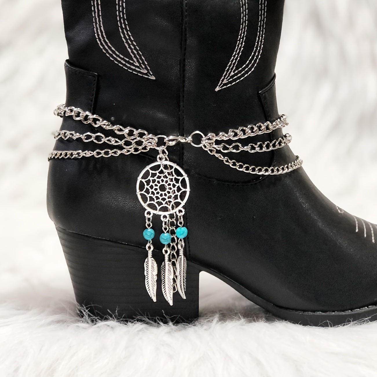 [Bohemian Shoe Decor] Bohemian Green Agate Blue Beads Feather Tassel Shoe Decor | Iron Material, with Wing Details, for DIY Boot Accessories, Perfect for Valentine's Day, Mardi Gras Day, Christmas, Western Cowboy Boots