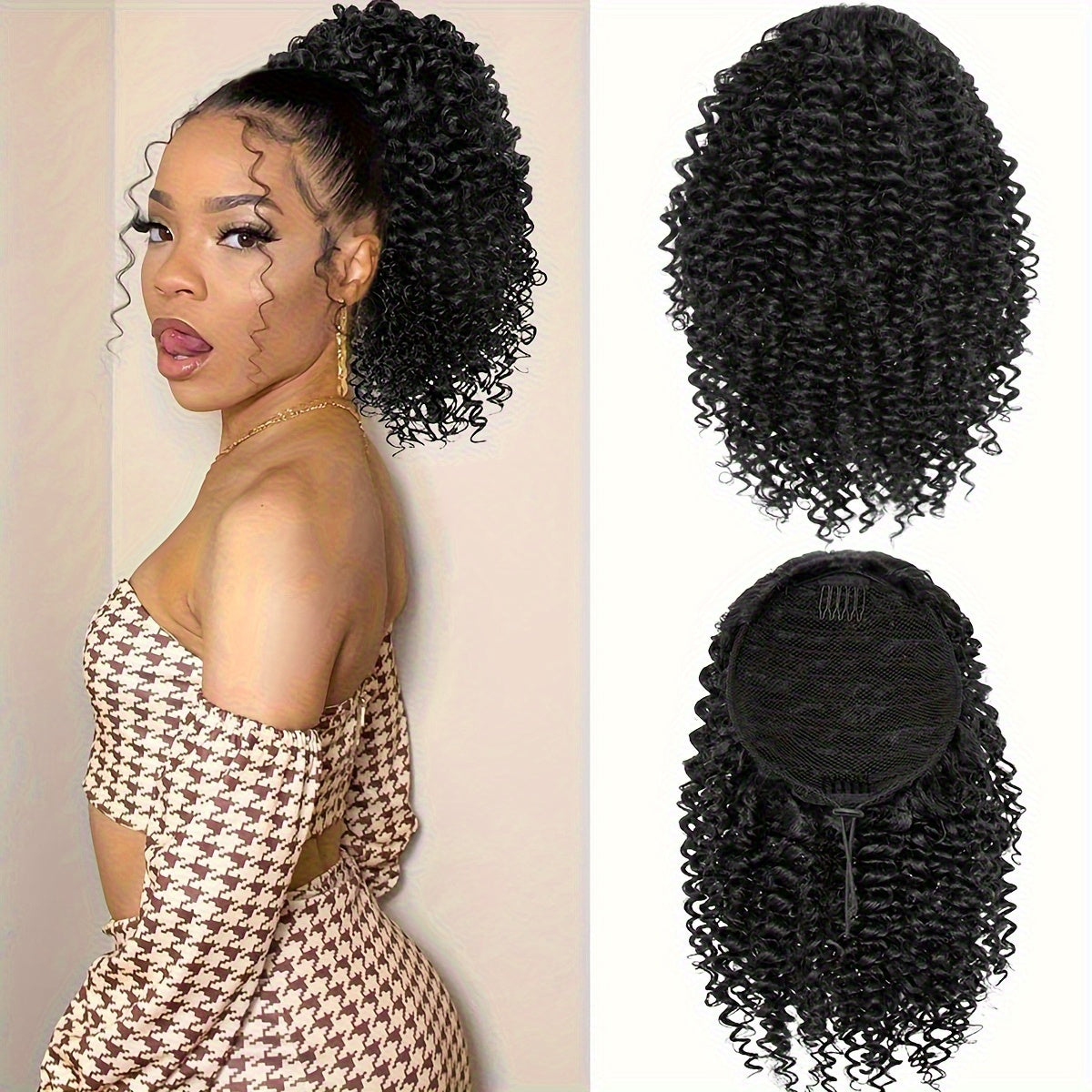 14 Inch Black Curly Ponytail Extension | Synthetic Curly Wave Ponytail with 2 Clips & Drawstring, Elegant Volume-Enhanced Hairpiece for Weddings, Parties, Photoshoots - Naturallooking Waves, Secure Attachment
