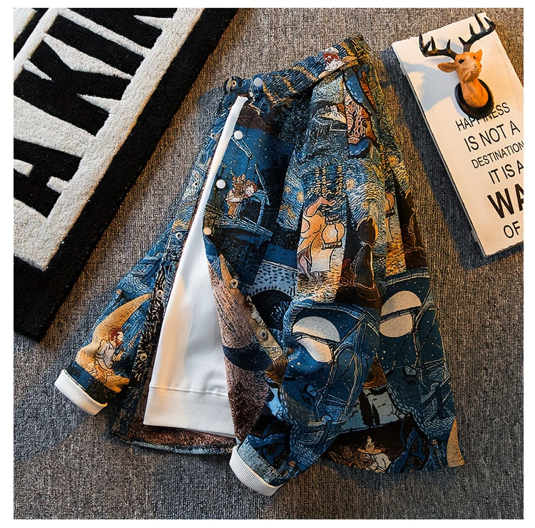 Men's slim-fit long-sleeve shirt - Van Gogh-inspired art buttons top, suitable for both formal and casual wear, machine washable polyester suit alternative - an ideal gift for art enthusiasts, street-style fashion outfit, ver