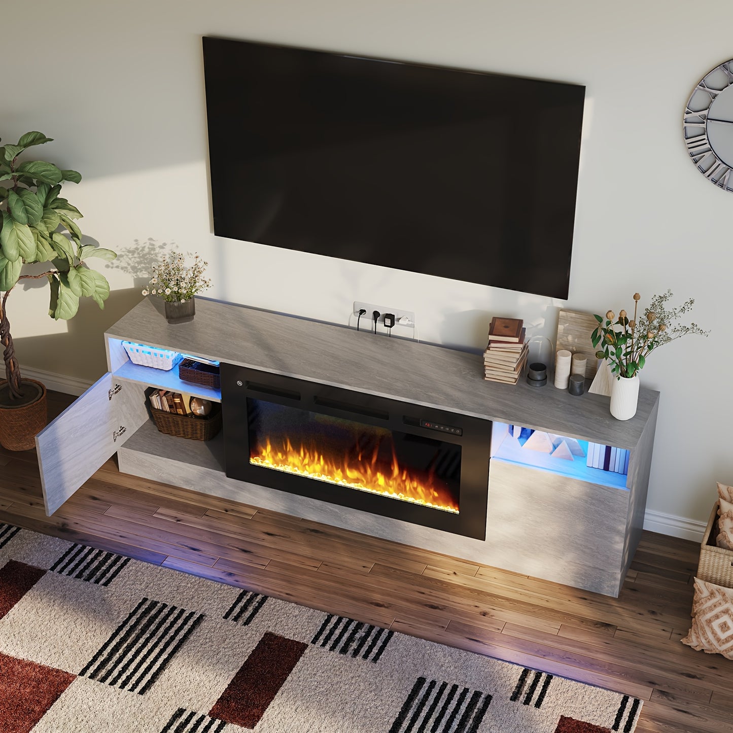 Modern Electric Fireplace TV Stand Entertainment Center with 36.3" Wall-Mounted Fireplace, 12-Color LED Lights, High-Gloss Storage Cabinet & Hardwood Construction - Fits TVs Up to 80", Energy-Efficient, Adjustable Timer
