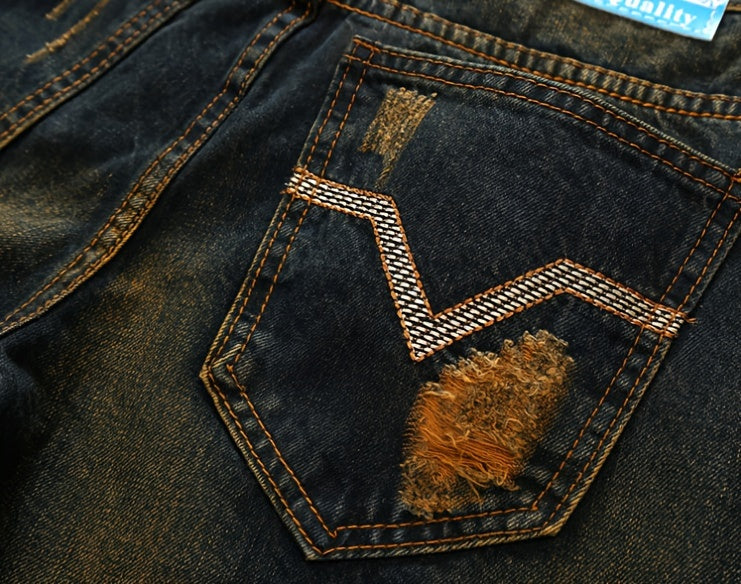 European And American Personalities Make Old Straight Retro Tide Pants Men'S Ripped Jeans