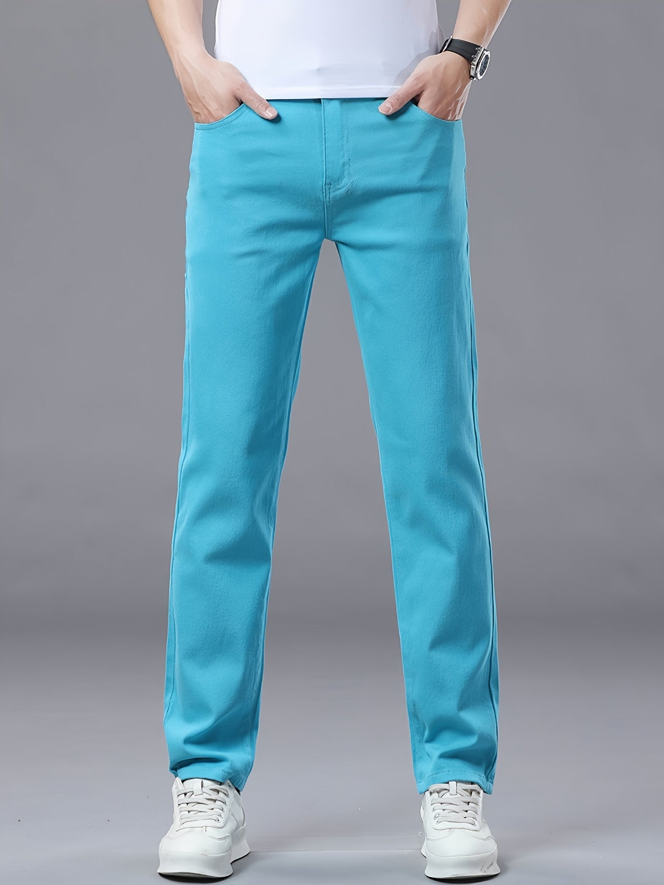 Men's All-Season Slim-Fit Straight-Leg Business Casual Faux Denim - Mid-Rise Beltless Design with Built-In Zipper Closure, Water-Washable Stretch Fabric, Multi-Color Options for Office, Semi-Formal & Casual Attire - Versatile