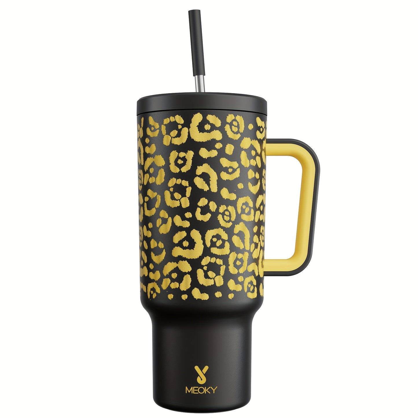 40oz Stainless Steel Round Handle Cup with Leopard Print and Snowflake Design - Hand Wash Only - Leak Proof - MEOKY