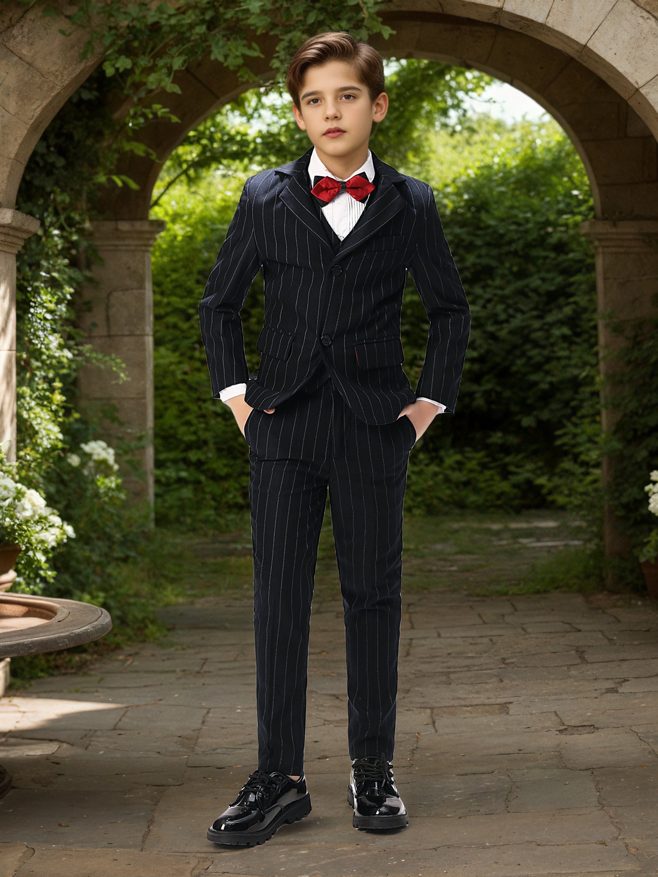 Boys' Suit 3pcs Set Boys Striped Suit Set - Blazer Jacket Vest & Pants for Kids Formal Wedding Church Baptism Party Outfit Slim Fit Stretch Comfortable Tuxedo Photoshoot Attire Size 3-16