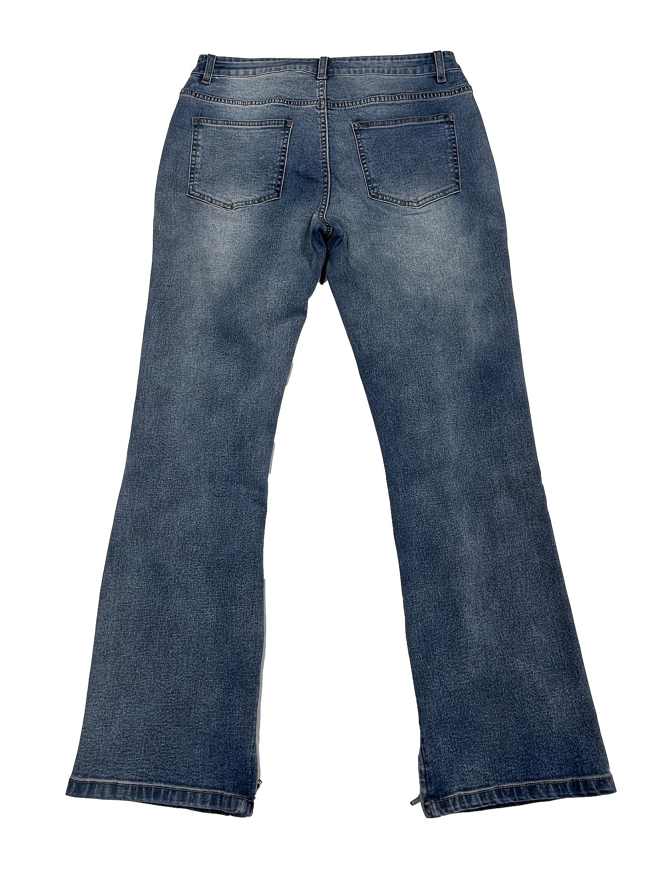 Men's Loose Straight Ripped Jeans - Men's Blue Stretch Micro Flared Pants, Leg Zipper, Washed Gradient Design, Mid to High Waist, Stylish Street Split, All-Season Jeans