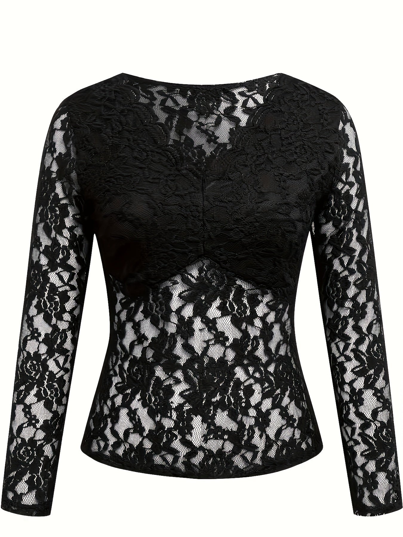 1pc Elegant Women'S V-Neck Lace Long Sleeve Top - Sheer Floral Pattern, High Stretch Polyamide, Casual Skinny Fit Pullover for Spring/Fall