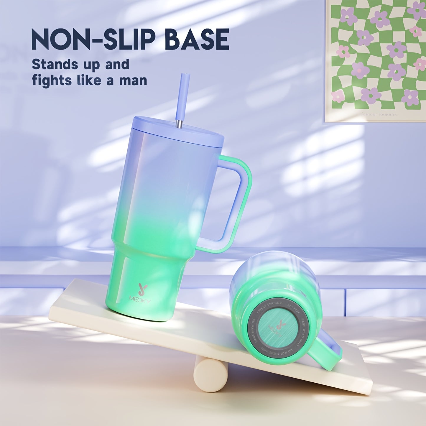 1pc Meoky 30oz Stainless Steel Tumbler with Handle, Lid & Straw - BPA-Free, Leak-Proof Insulated Travel Mug, Keeps Drinks Hot for 8 Hours, Cold for 24 Hours, Hand Wash Only