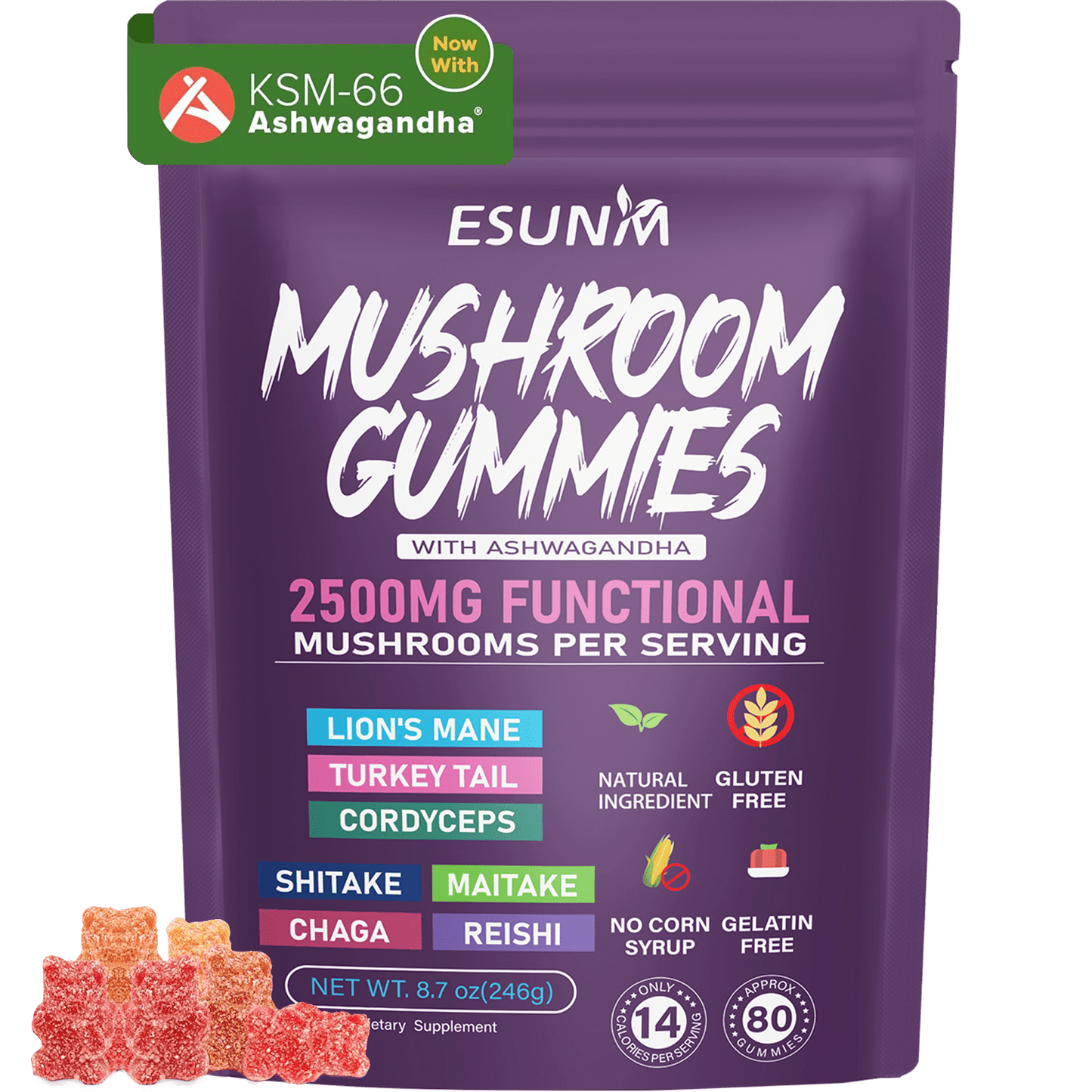 1/2/3/4 Bags Ashwagandha And Lions Mane Mushroom Gummies - Includes Reishi, Cordyceps, Turkey Tail, Maitake, Shiitake, And Chaga, Low Carb, 80 Gummies Per Bag