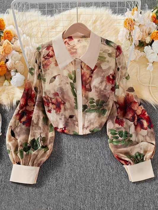 Women'S Elegant Floral Print Blouse with Contrast Lapel Collar - Long Sleeve Button-Up Shirt, Beige & Brown Floral Design, Perfect for Casual or Formal Occasions, Ladies Blouses