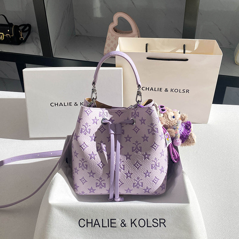2025 New Large Capacity Purple Bucket Bag for Women - Elegant Geometric Pattern, with Embossed Detailing, Adjustable Shoulder Strap & Golden-Tone Hardware, Durable Polyester Lining, Stylish Everyday Handbag, Sophisticated Acc
