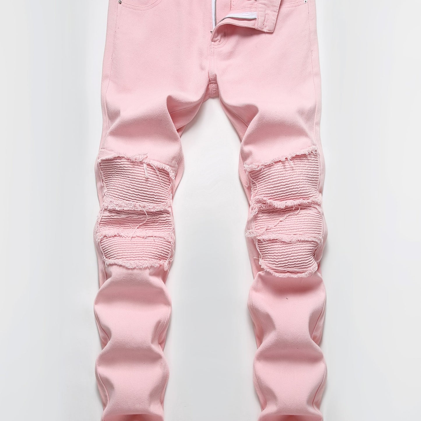 Men's Slim-Fit Stretch Jeans with Built-In Zipper & Ripped Washed Texture - Light Pink Distressed Streetwear Style, Reinforced Stitching, All-Season Comfort for Casual & Office Wear - Machine Washable Modern Trousers