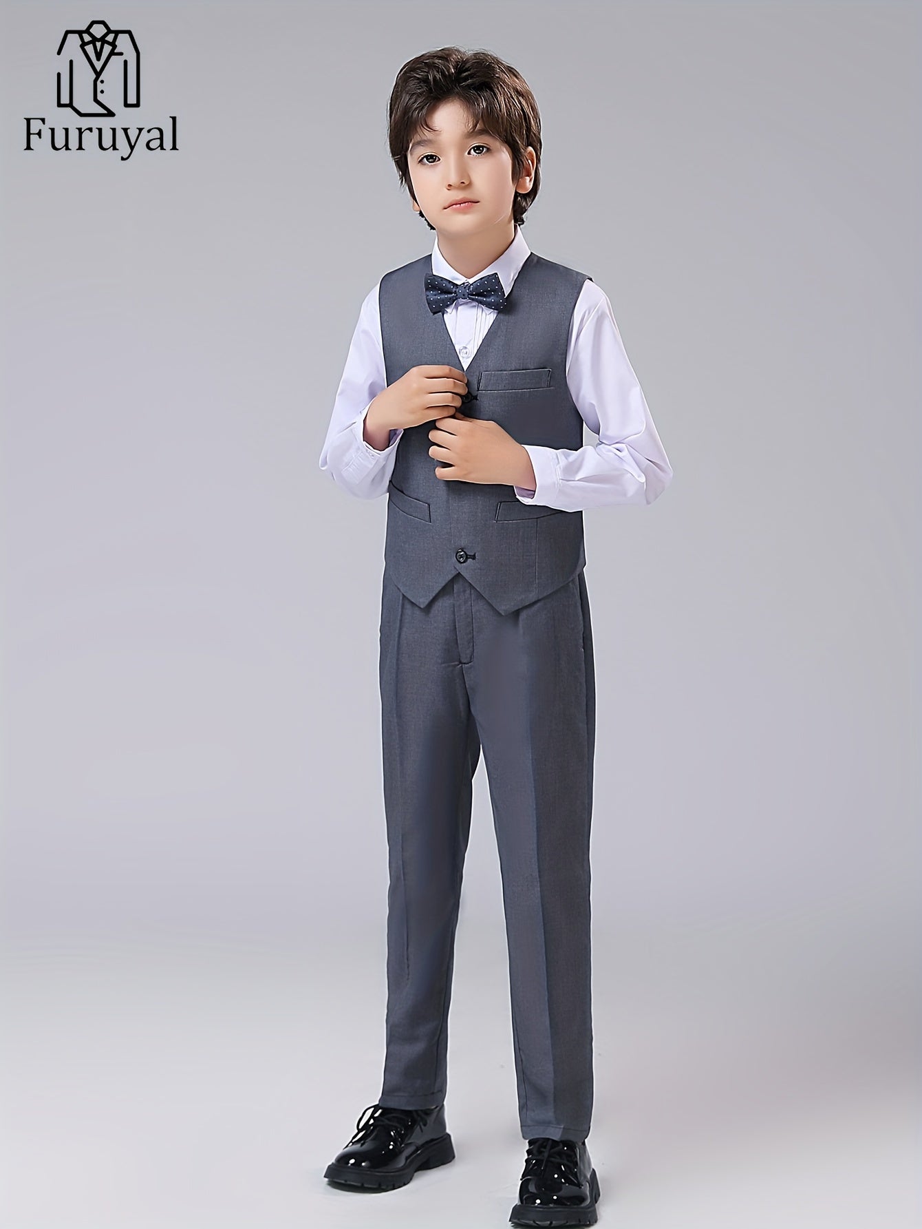 Furuyal Boys' 4pcs Formal Suit Set Vest Pants Collared Dress Shirt And Tie Boys' Suit Size 6-16Y Boys Suits Suitable For Music Festival Graduation Season Party