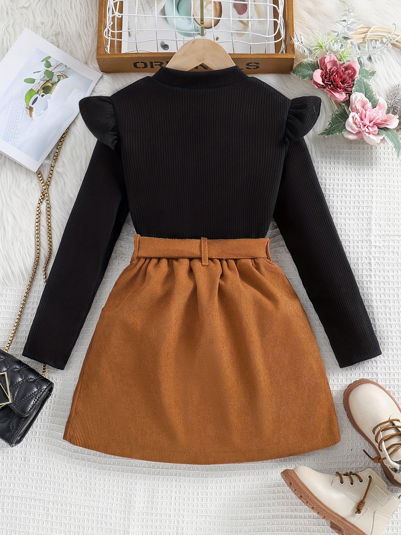 ' Elegant Solid Color Long Sleeve Half Dress Set - A-Line Skirt with Waist Tie Belt, Soft Breathable Fabric, Classic White & Brown Outfit for Spring & Fall, Casual to Semi-Formal Occasions, Casual Attire, School Events, Famil